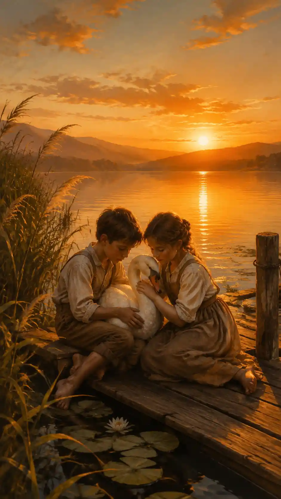 Enfants tenant un cygne sur un ponton au coucher du soleil