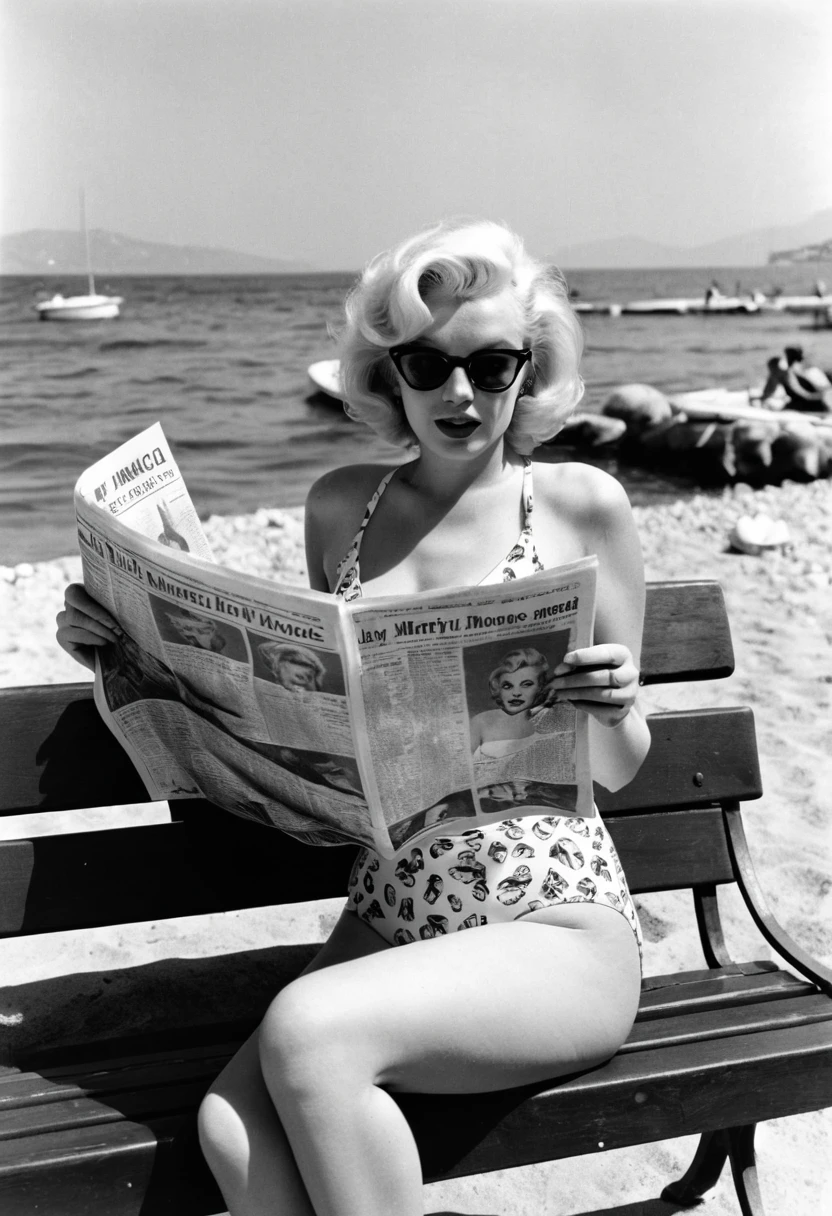 Mulher de maiô pop art lendo jornal em banco de praia