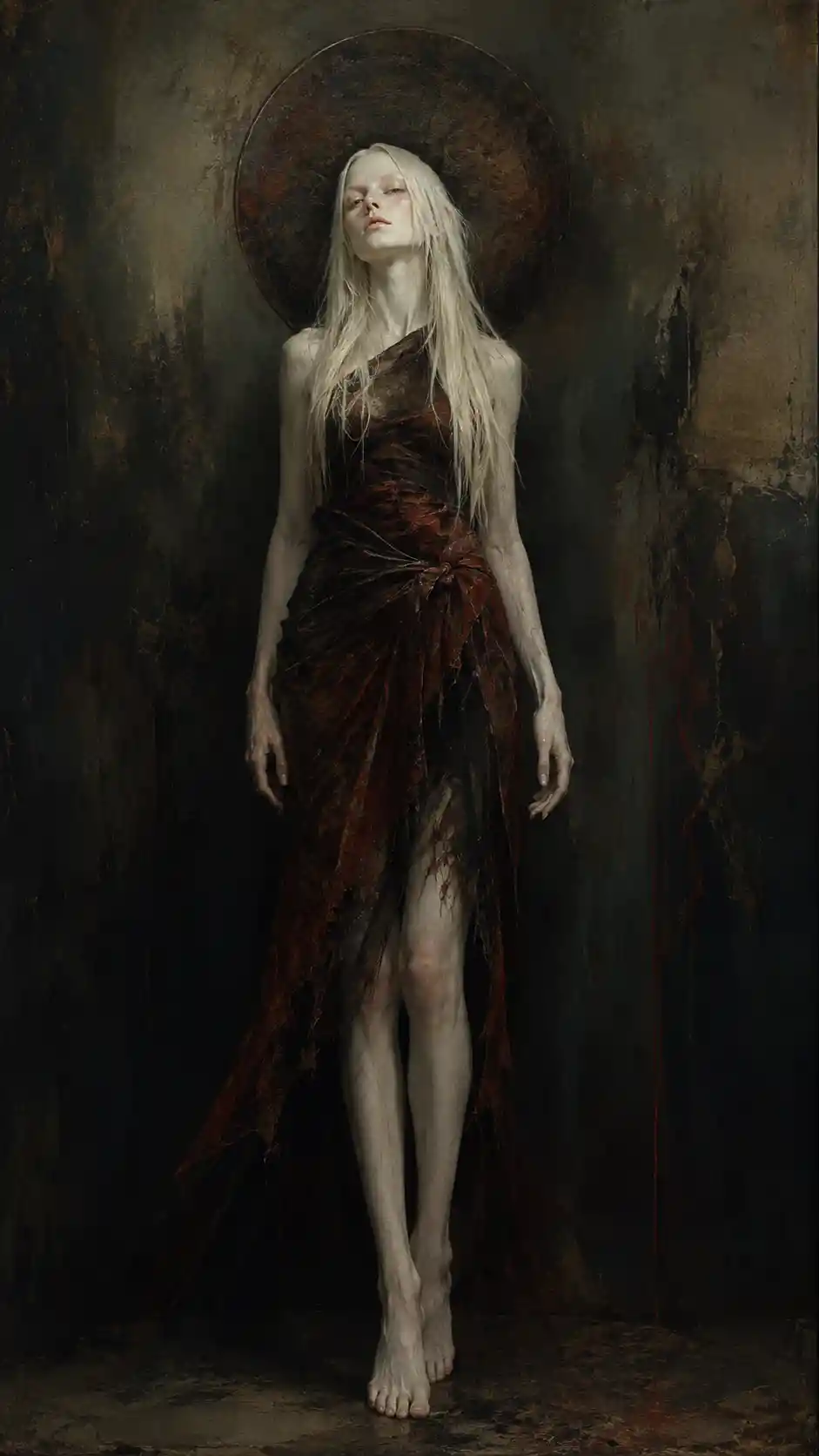 Jeune femme pâle en portrait sombre en pied