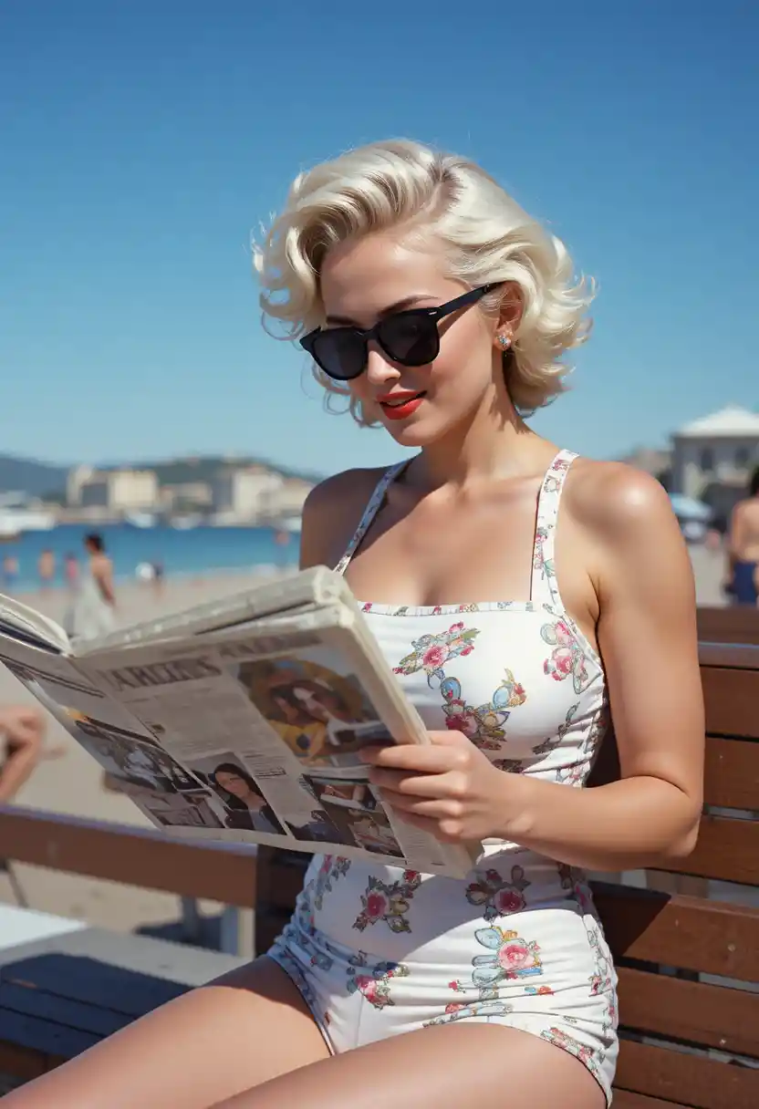 Donna in costume pop art che legge il giornale in spiaggia