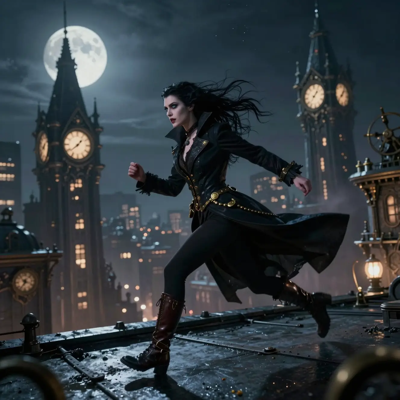 Vampire woman running across rooftops in steampunk city