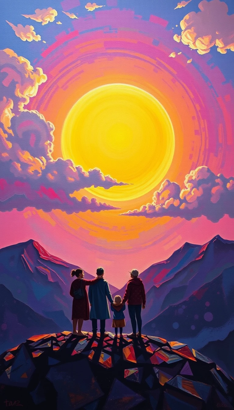 Persone unite davanti a un sole splendente sopra montagne lontane