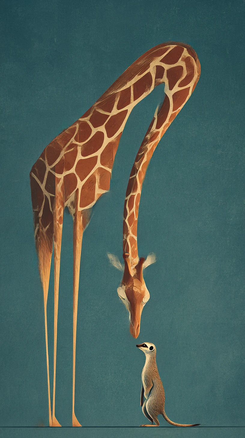 Girafa e suricato minimalistas em ilustração digital surreal