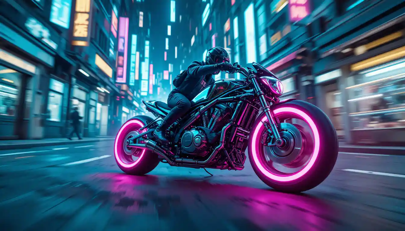Moto volante futuristica che sfreccia in un vicolo di città al neon