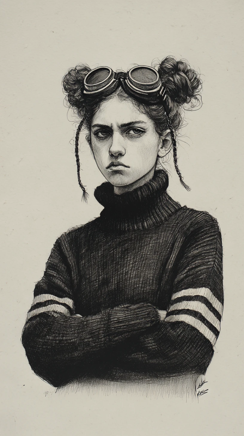 Moody girl in goggles with crossed arms pencil portrait