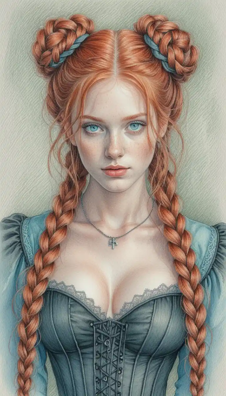 Retrato de garota ruiva em desenho detalhado a lápis de cor