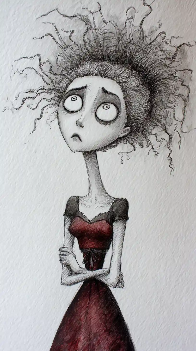 Donna malinconica in illustrazione gotica a tecnica mista