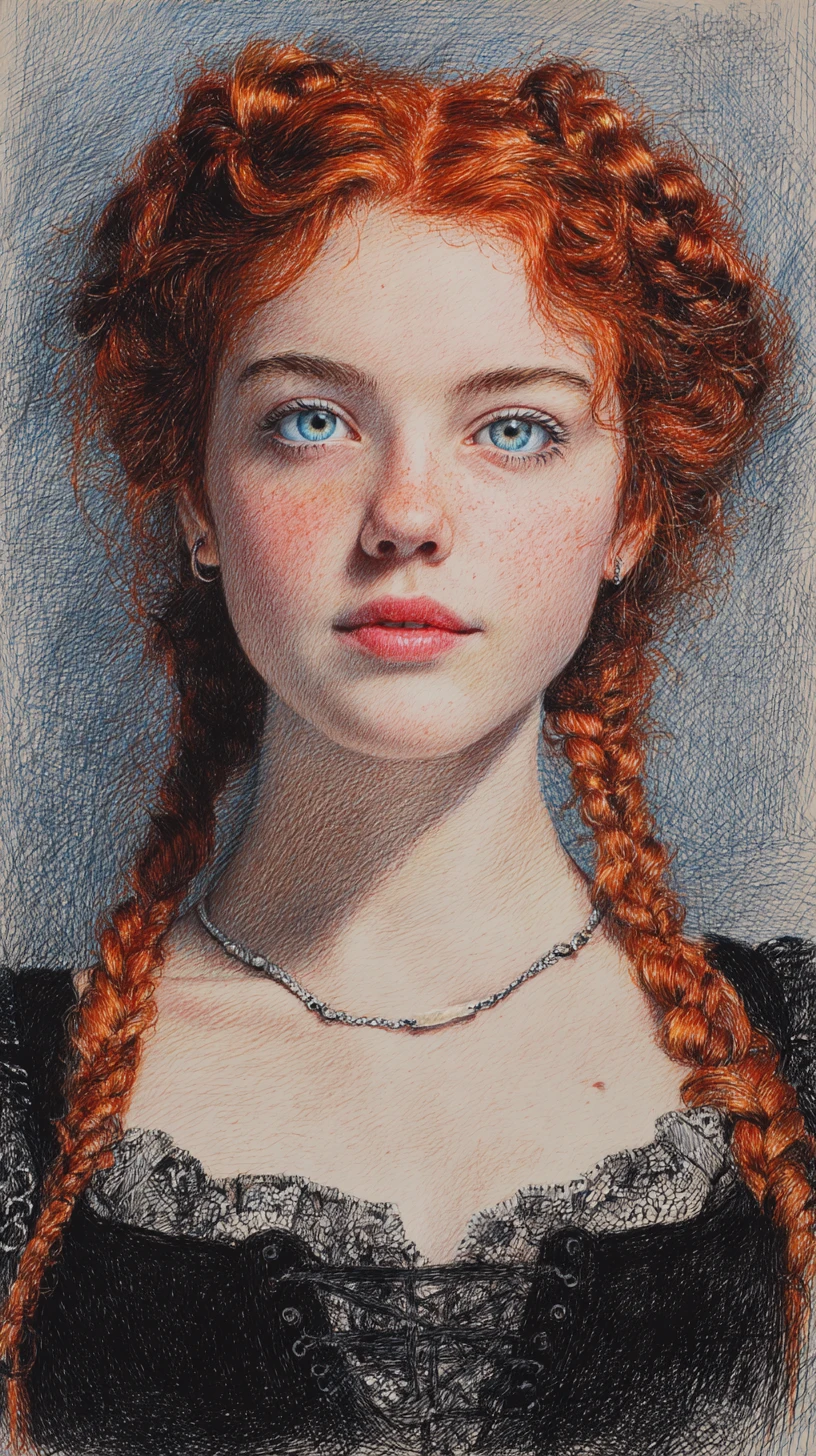 Red haired girl portrait in colored pencil drawing style