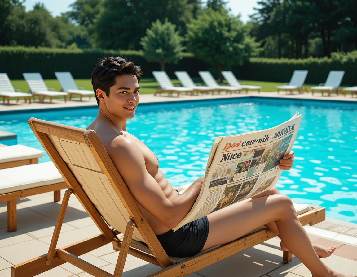 Man reading by a blue swimming pool on a sunny day