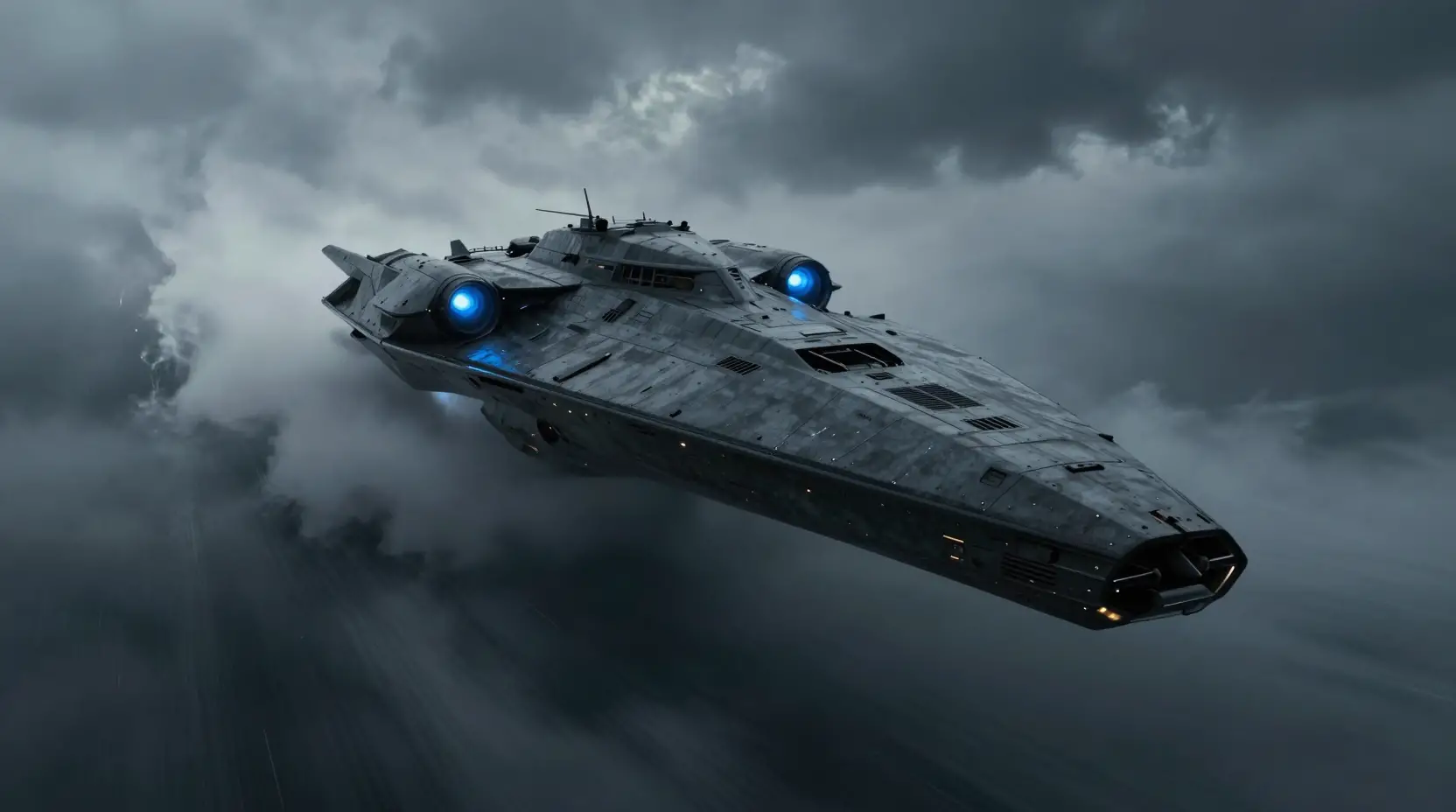 Dunkles Sci‑Fi-Kriegsschiff durchschneidet dichte Sturmwolken