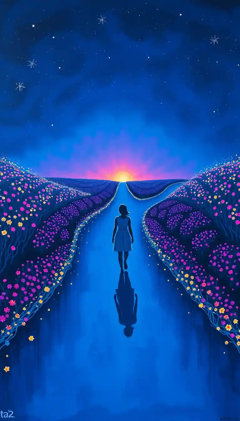 Mulher caminhando sozinha por um luminoso caminho de jardim à noite