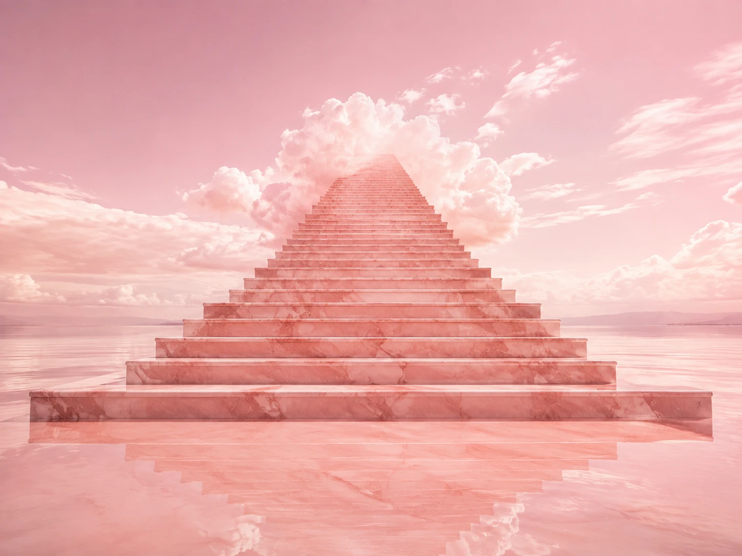 Escadaria surreal de pedra rosa erguendo-se sobre um lago espelhado