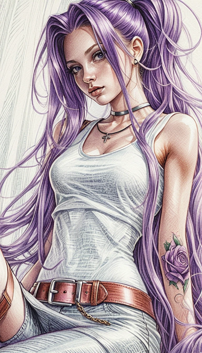 Purple haired girl in pencil illustration portrait