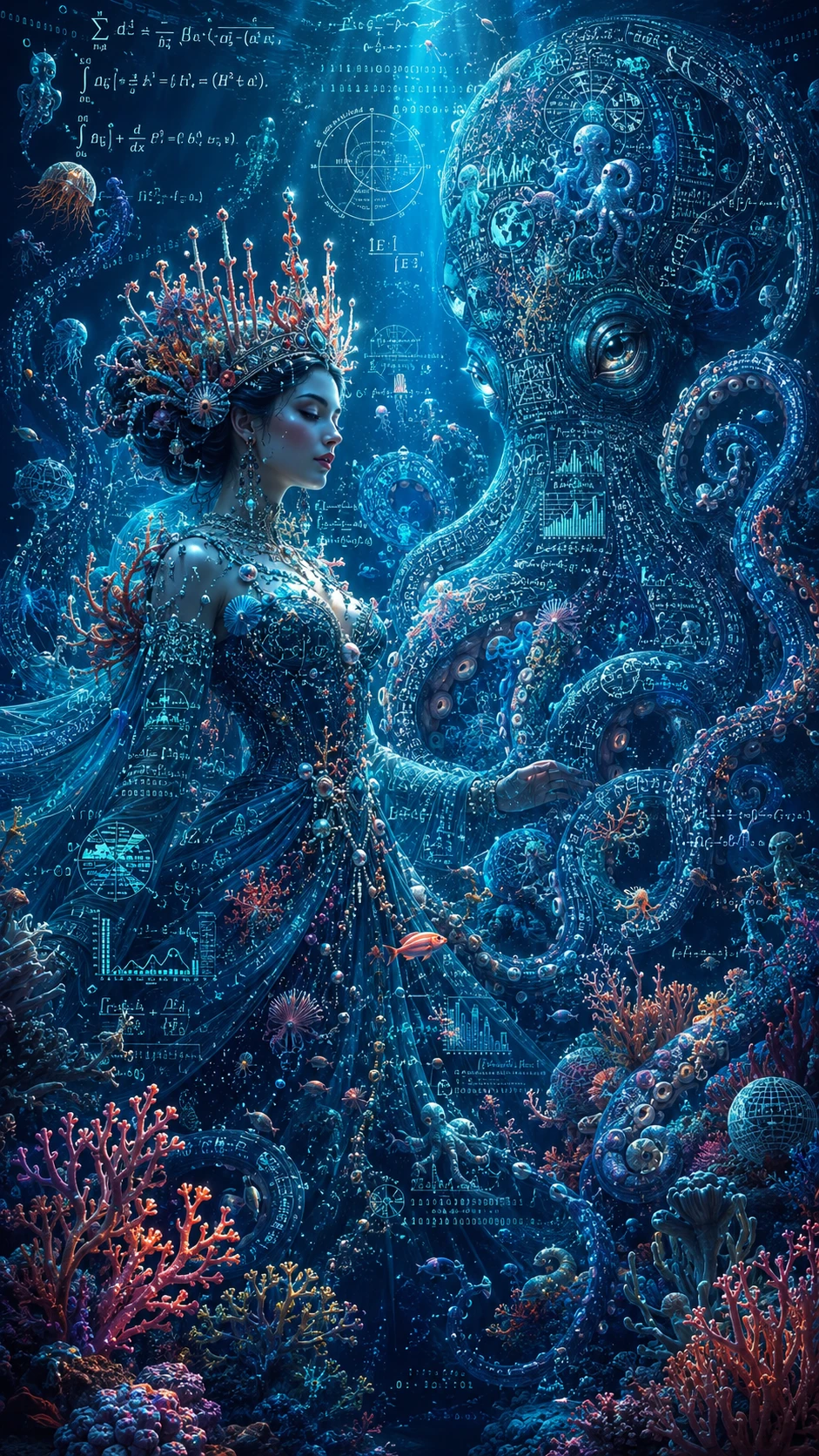 Reine de corail fantastique avec compagnon poulpe tissé de données
