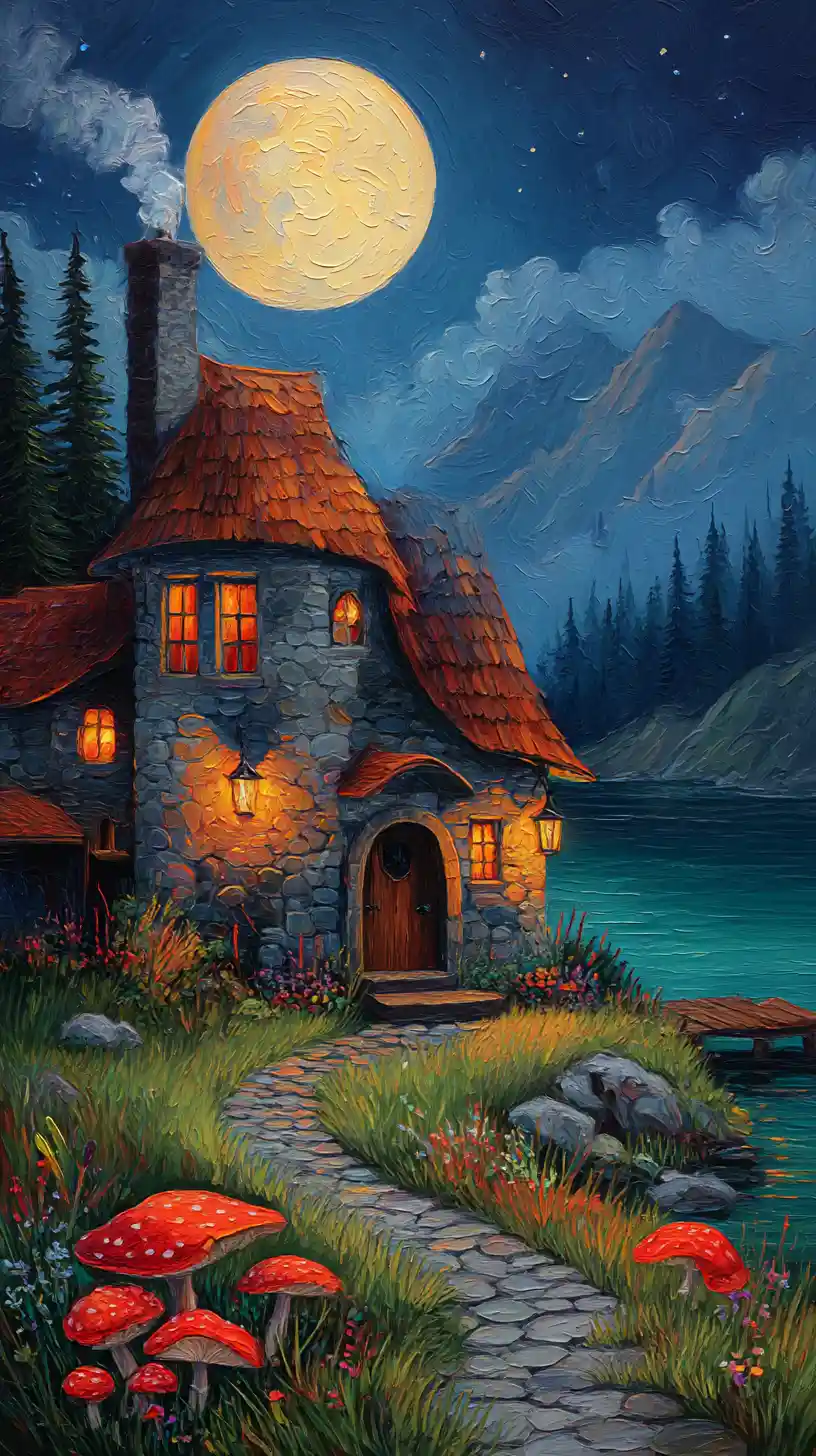 Cabaña de cuento de hadas junto a un lago iluminado por la luna con ventanas brillantes