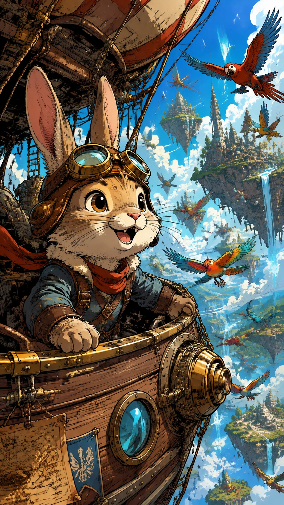 Rabbit airship explorer in a sky of floating islands