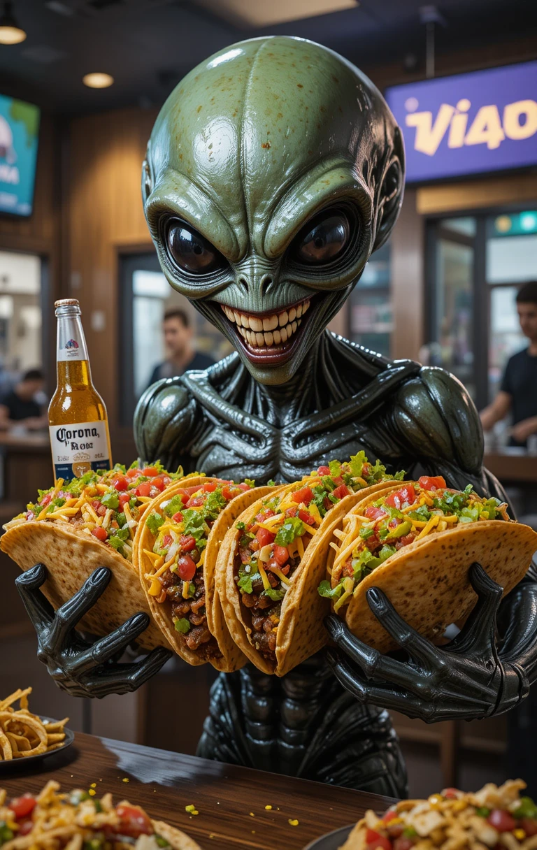 速食店裡抱著塔可的鉻金屬外星人