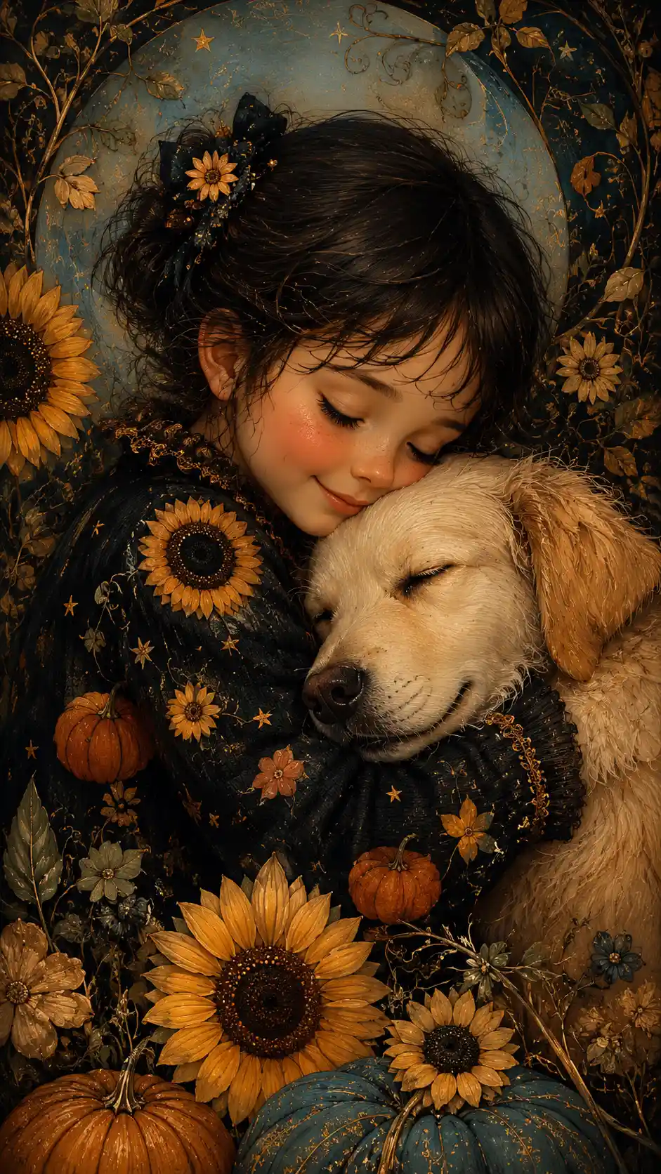 Young girl cuddling a light colored dog in warm florals