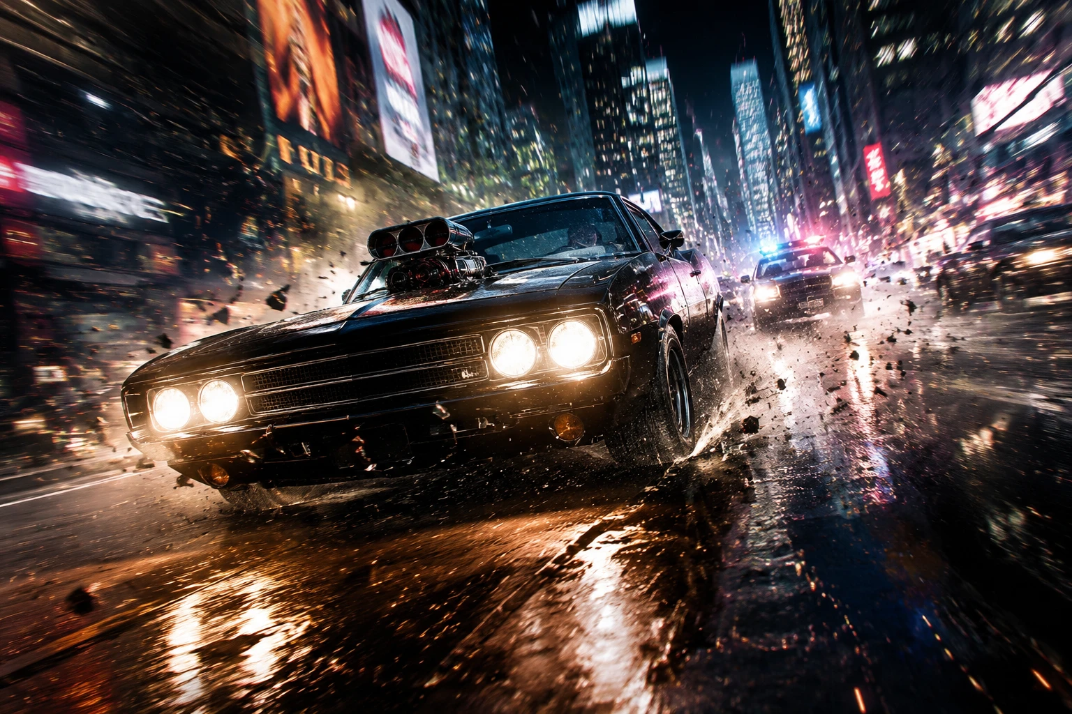 Carro muscle supercarregado correndo por ruas neon chuvosas