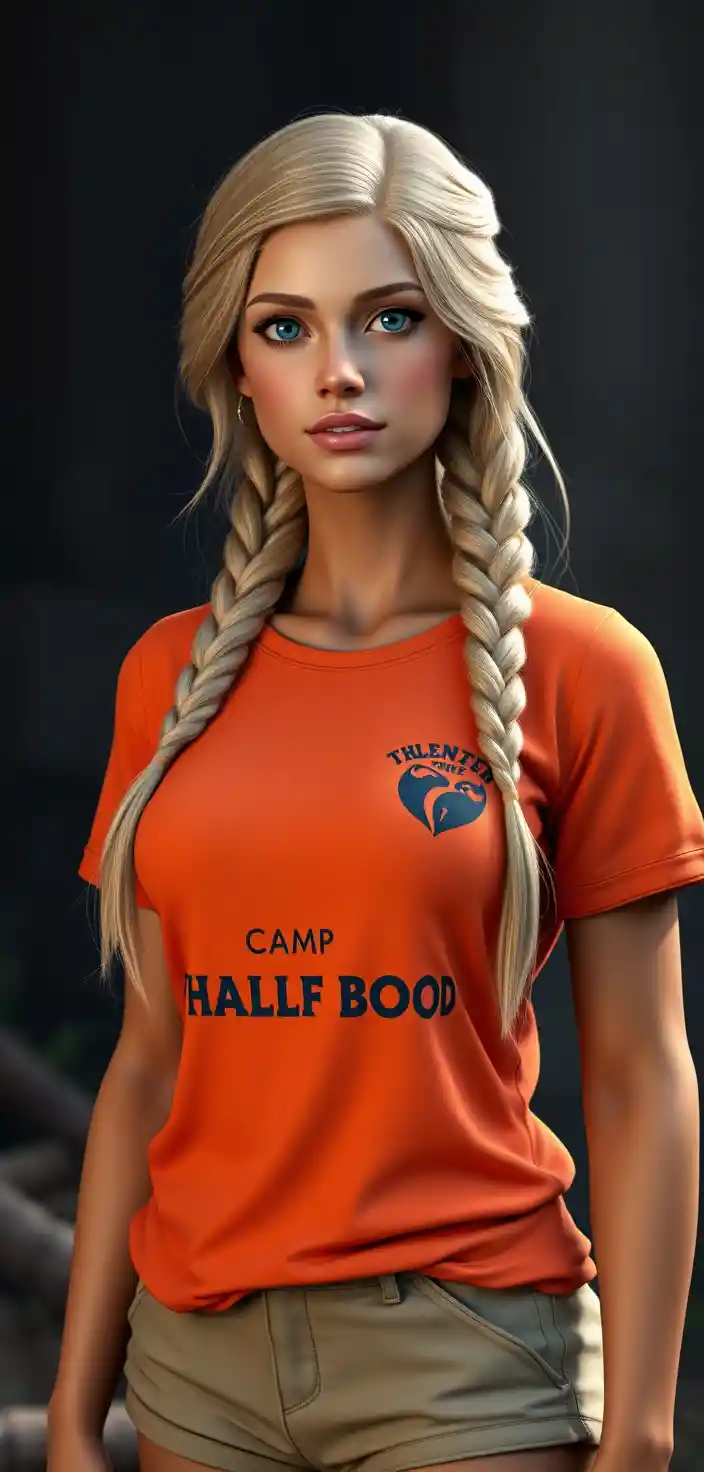 Blonde woman in orange camp shirt and shorts full body pose