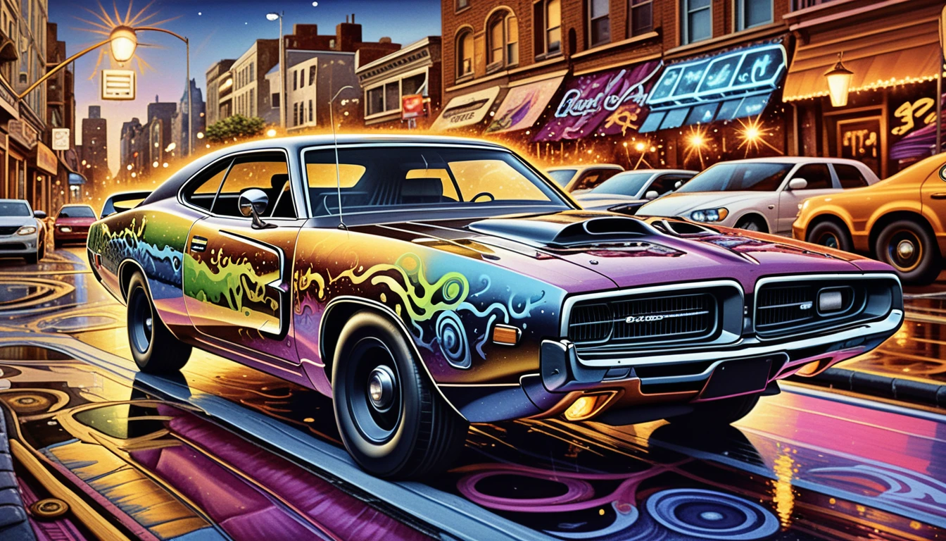 Surrealer Neon-Muscle-Car auf einer leuchtenden Stadtstraße