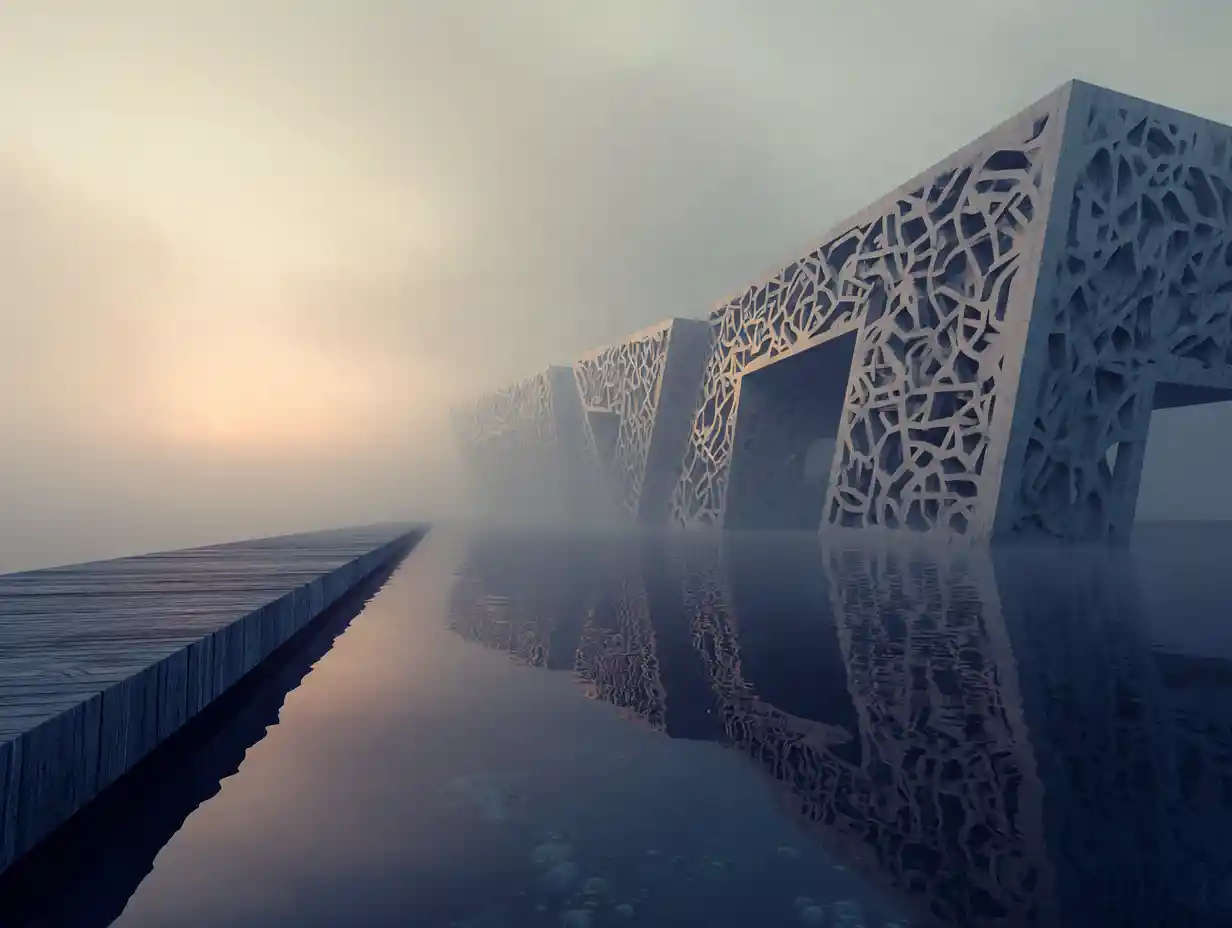 Futuristische versunkene Bibliothek in einer Unterwasser-Meereslandschaft