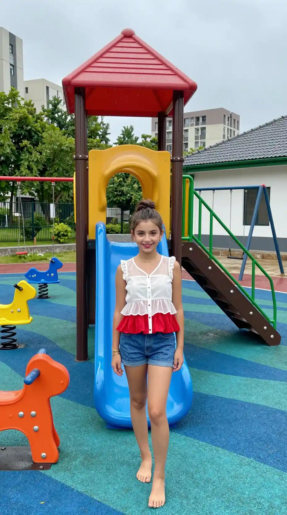 Lächelndes Mädchen im rot‑weißen Top auf einem städtischen Spielplatz