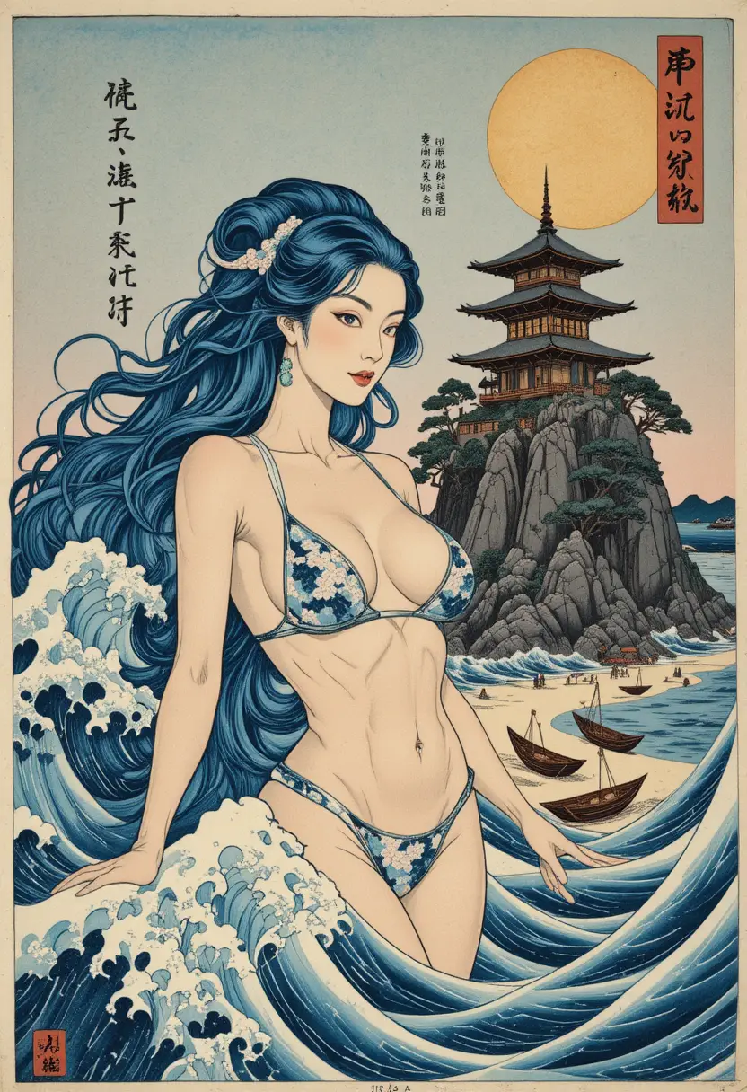浮世繪風格的水之女神自翻湧紋樣巨浪中升起