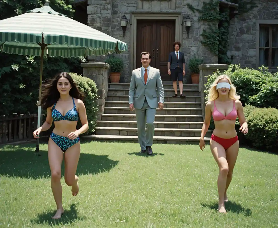 Chicas en bikini juguetonas corriendo por el césped de una finca campestre