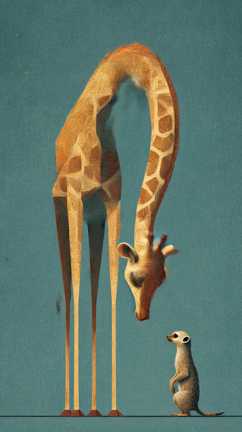 Girafa e suricato minimalistas e surreais em contato visual suave