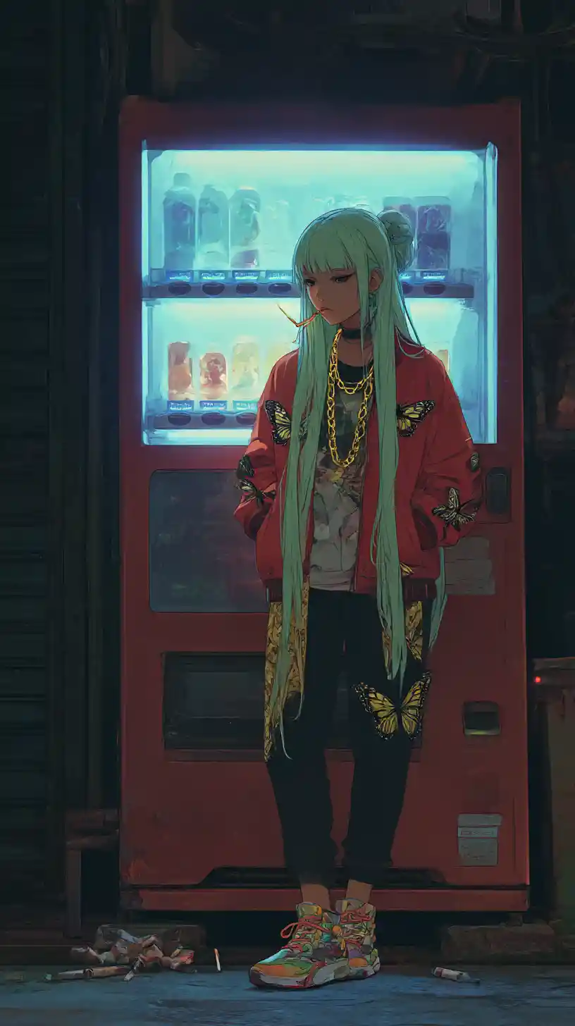 Anime-Mädchen raucht nachts an einer neonbeleuchteten Cola-Automaten
