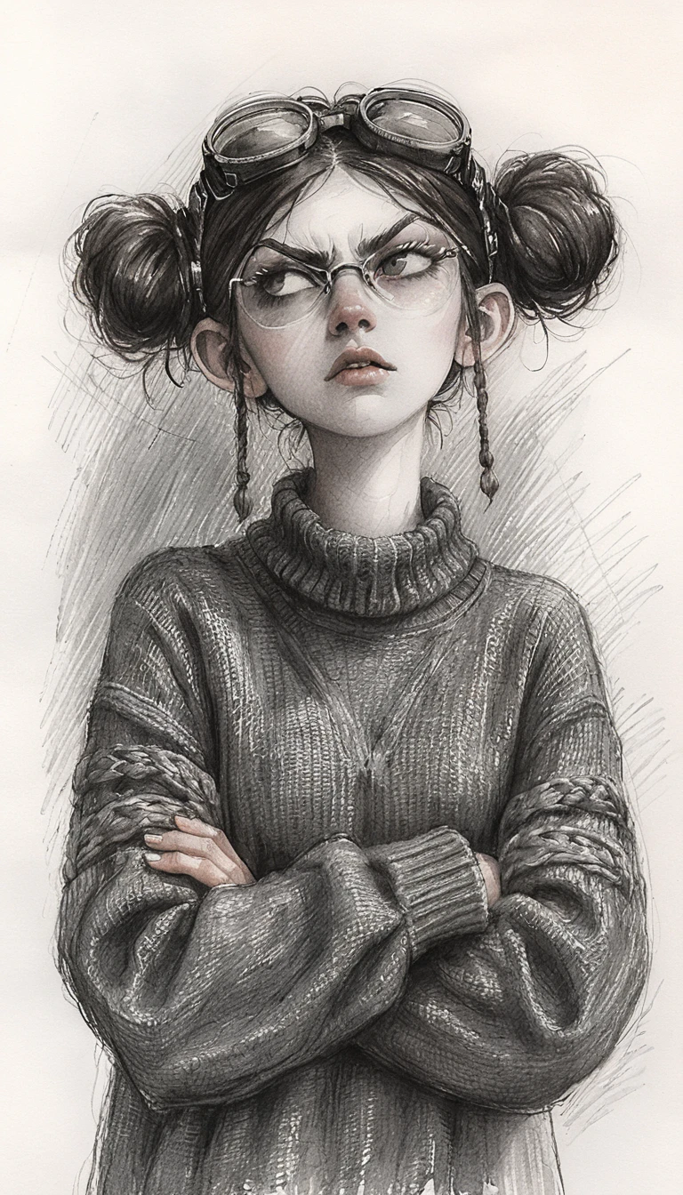 Moody girl with goggles in black and white pencil portrait