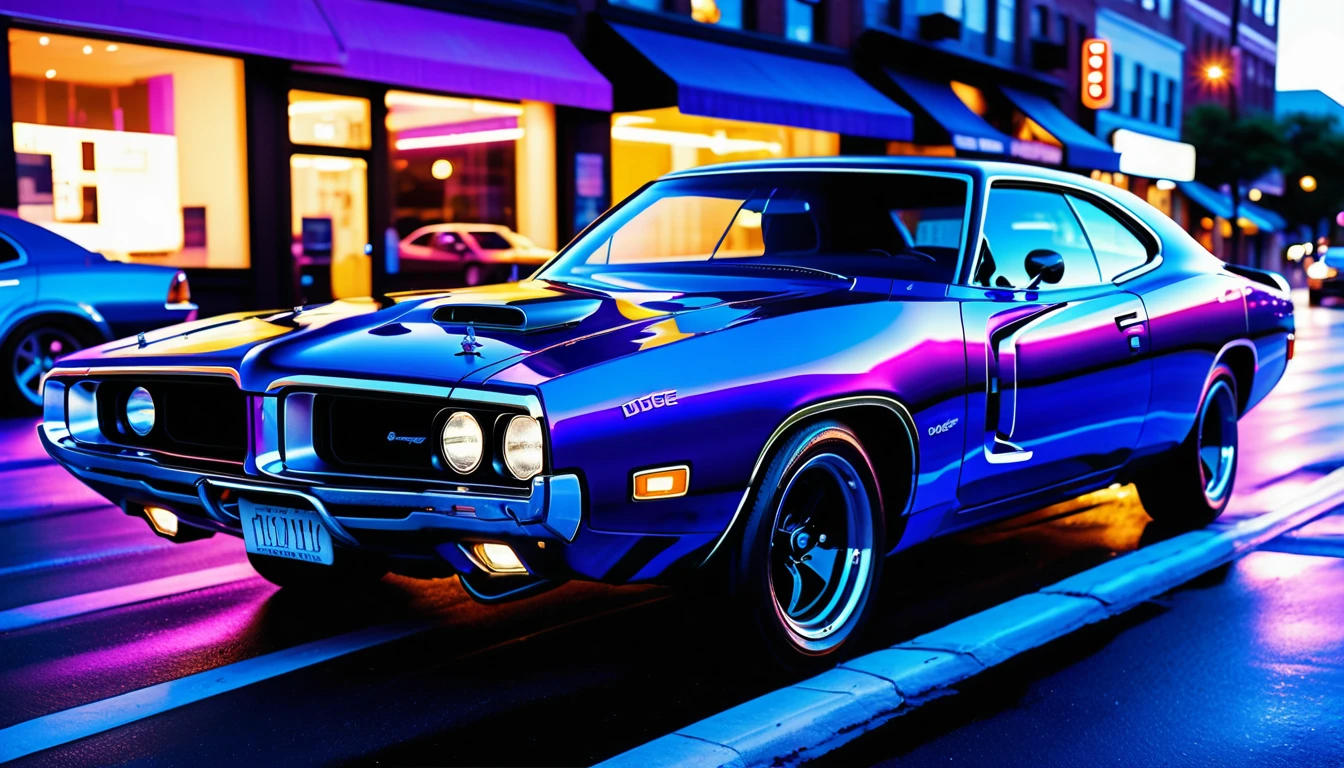 Surrealer Muscle-Car mit Neon-Folie in der Stadtstraße