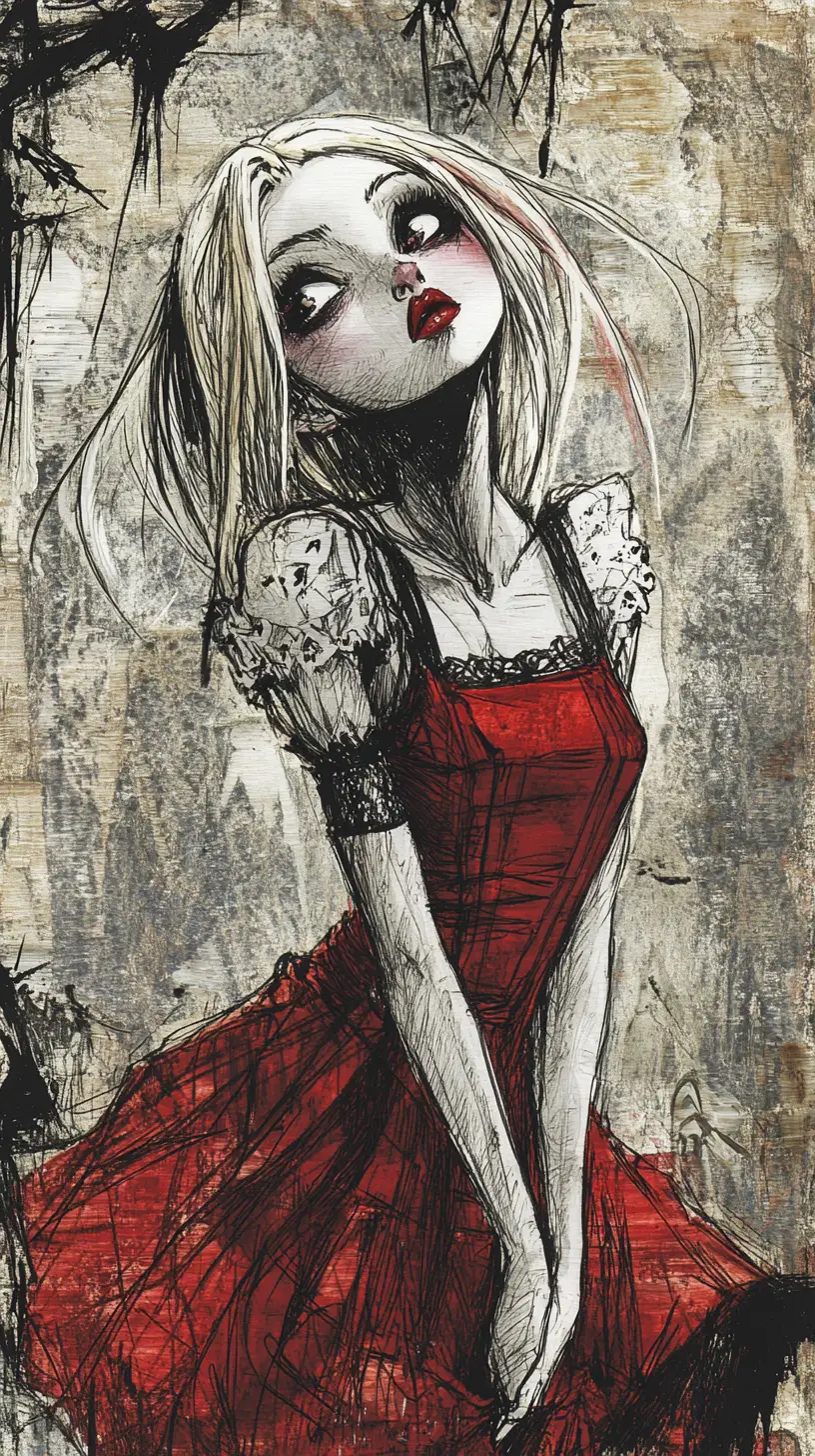 Tall pensive woman in goth mixed media illustration
