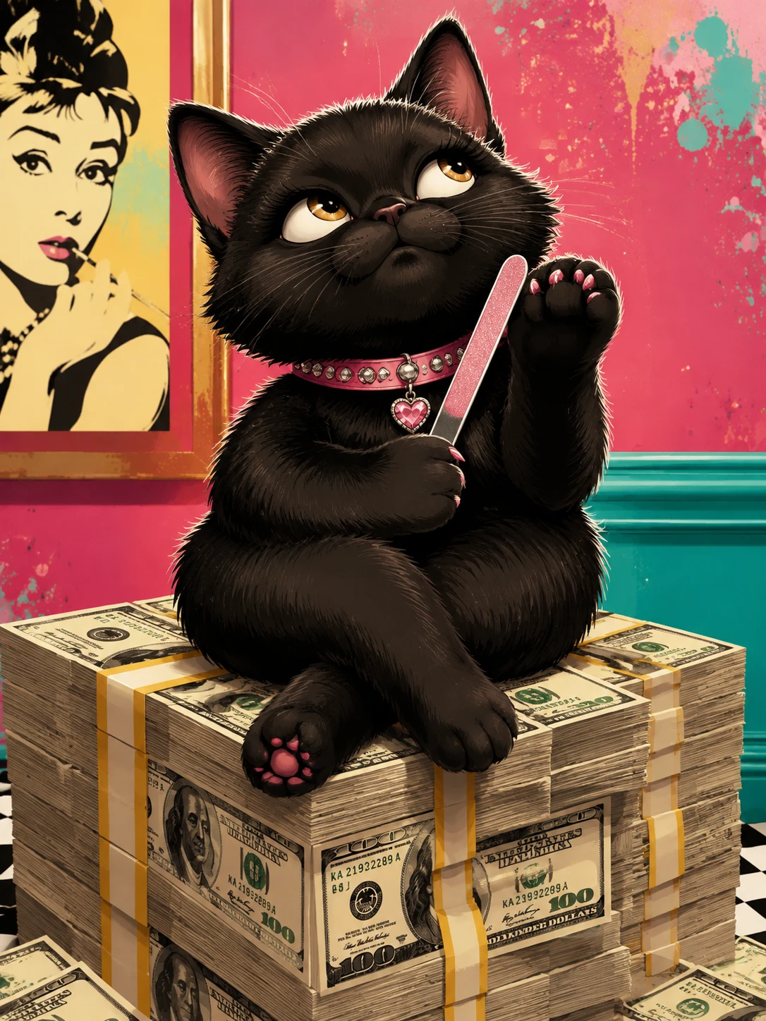 Gatito negro juguetón sobre cubo de dinero en estilo pop art