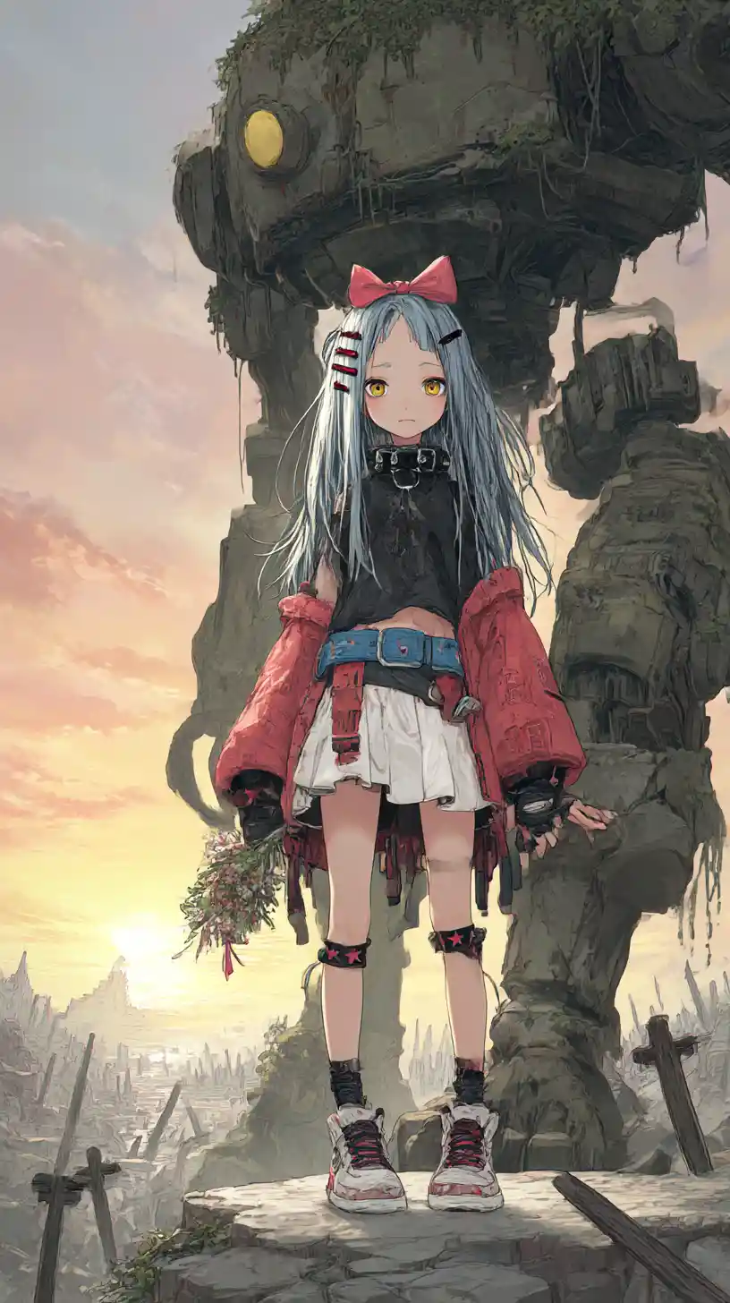 Anime girl sitting on a ruined robot at sunrise
