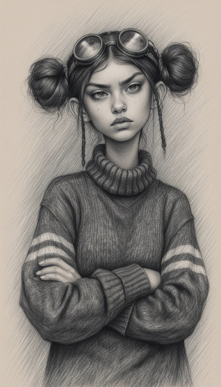 Fille sombre avec lunettes dans un portrait au crayon noir et blanc