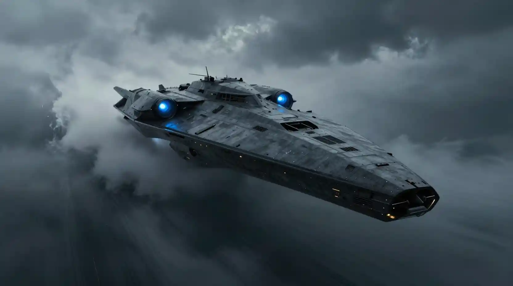 Dunkles Sci‑Fi-Kriegsschiff durchschneidet dichte Sturmwolken