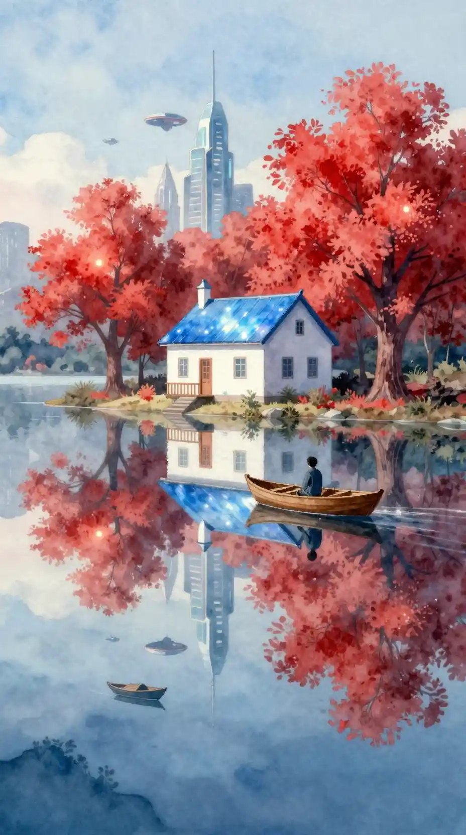 Maison futuriste au bord d’un lac de cristal lumineux