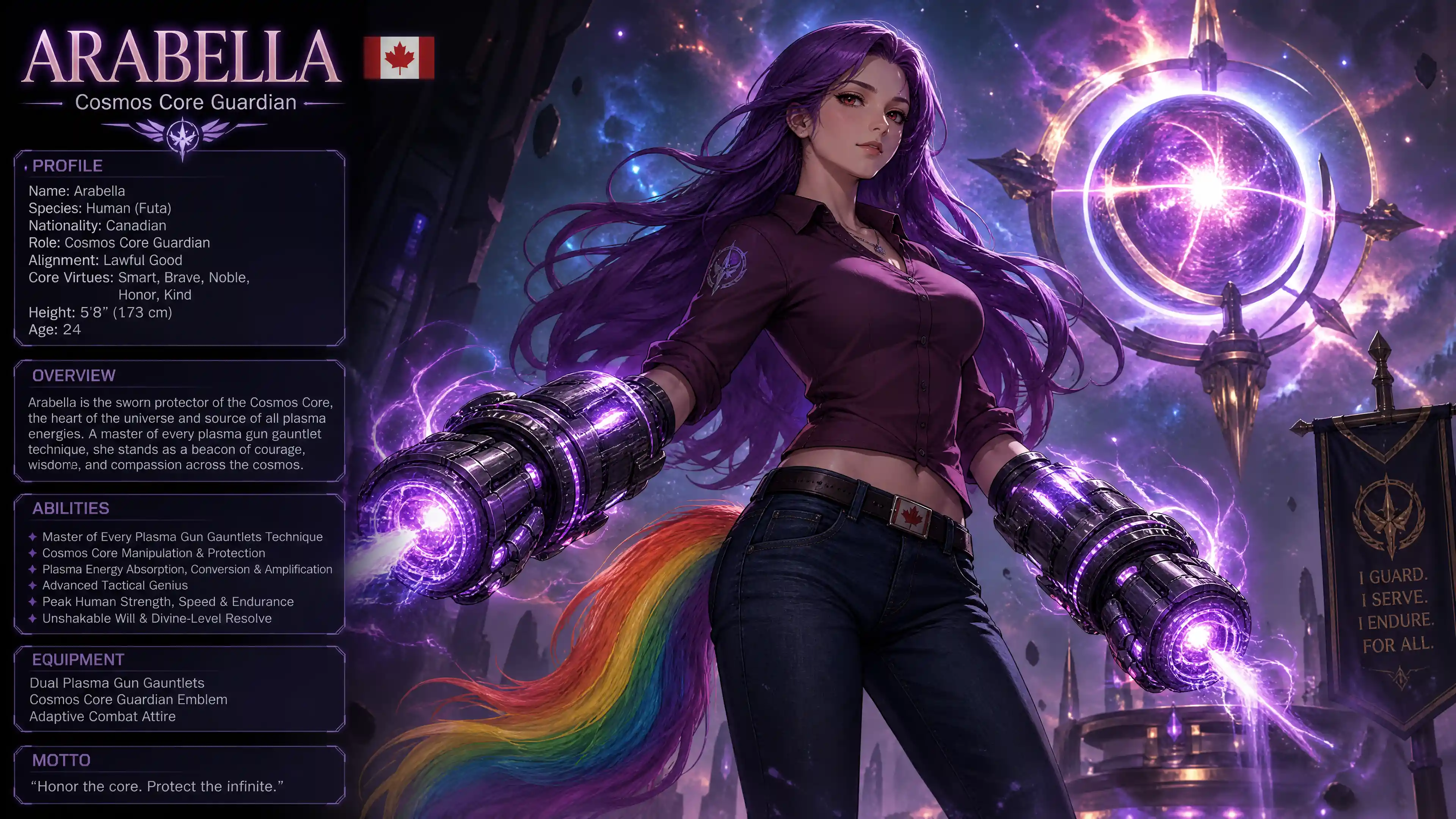 Corajosa guardiã cósmica com cauda arco-íris e manoplas de plasma