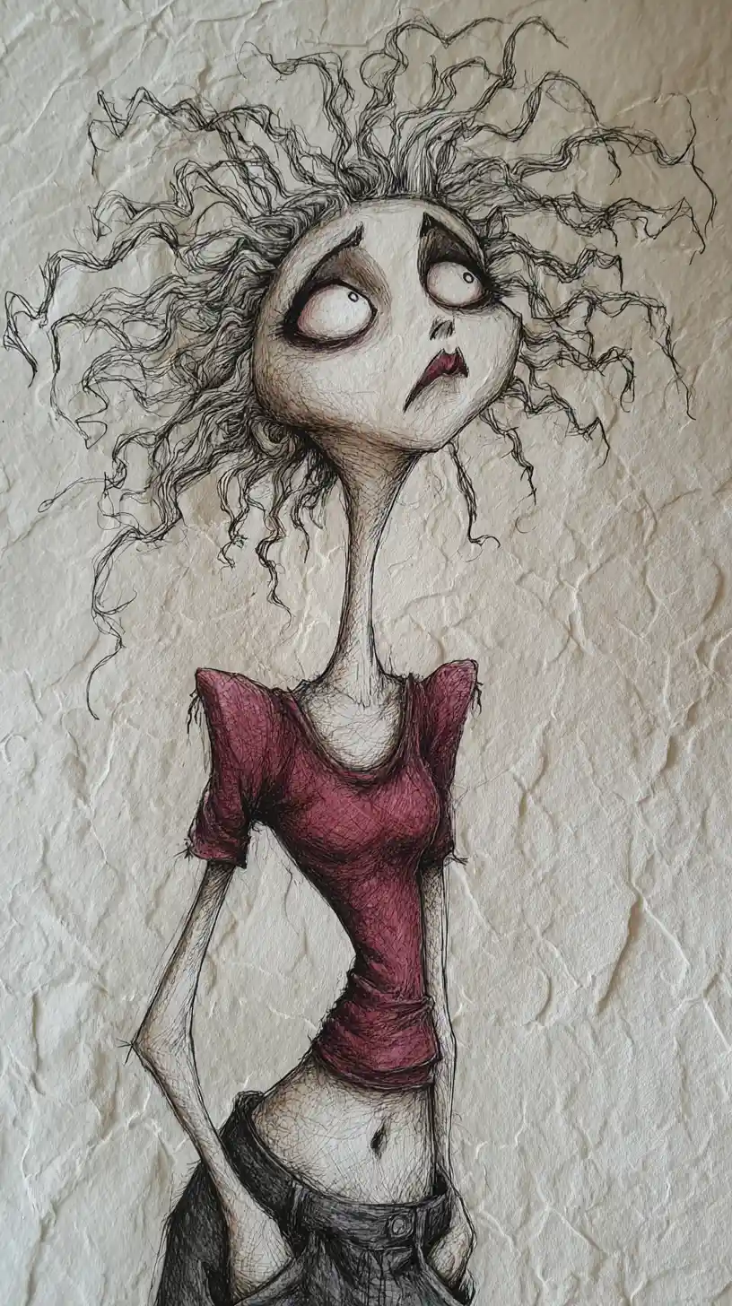 Mulher alongada em ilustração gótica a carvão e tinta