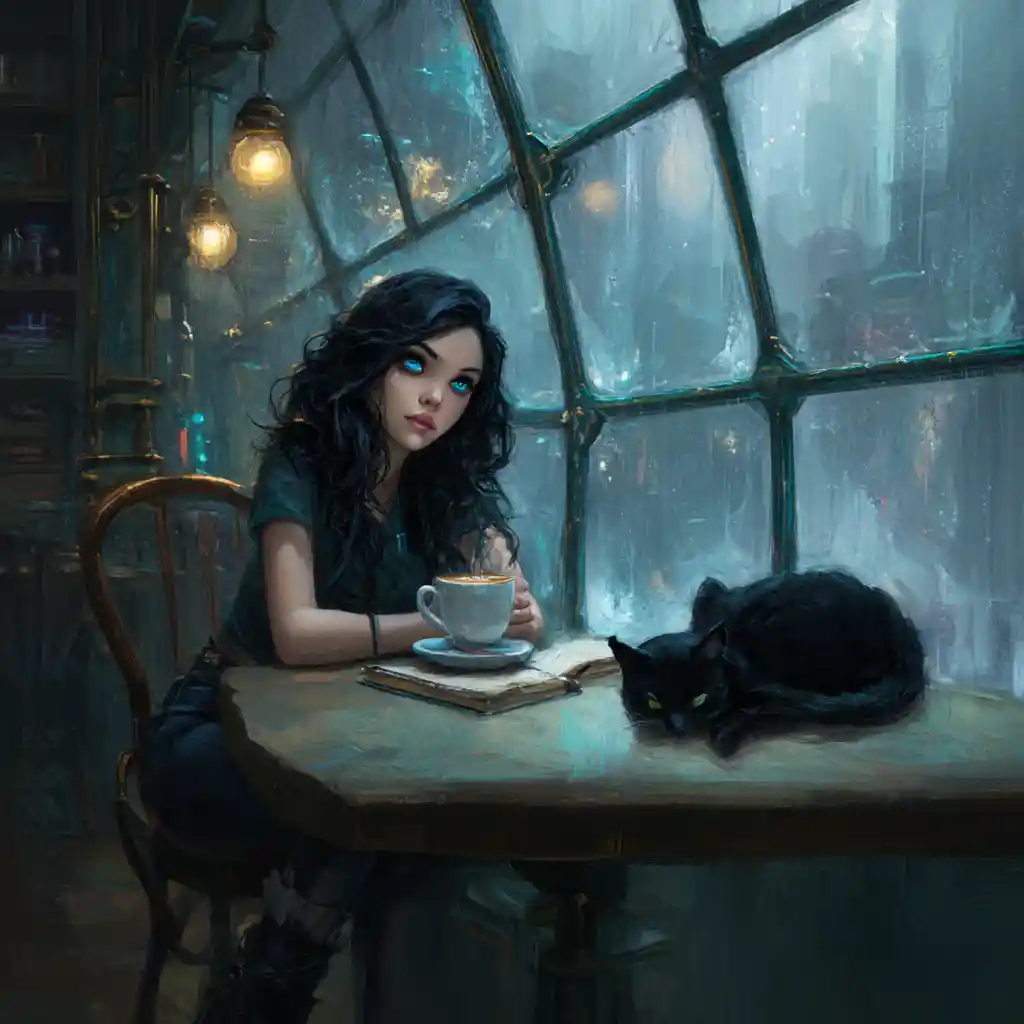 Mulher gótica em café chuvoso com cappuccino