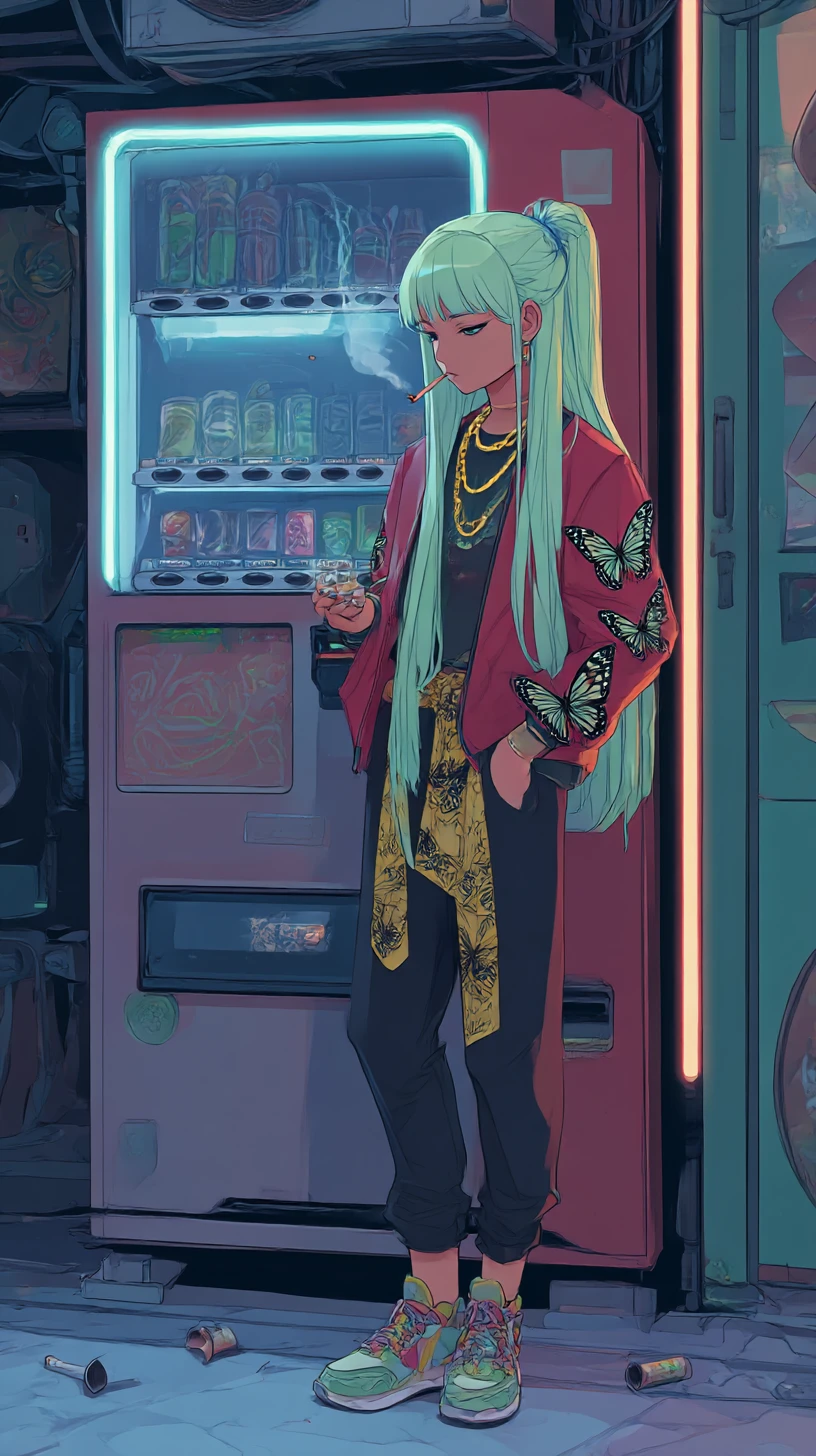 夜のネオン自販機のそばでタバコを吸うアニメ少女