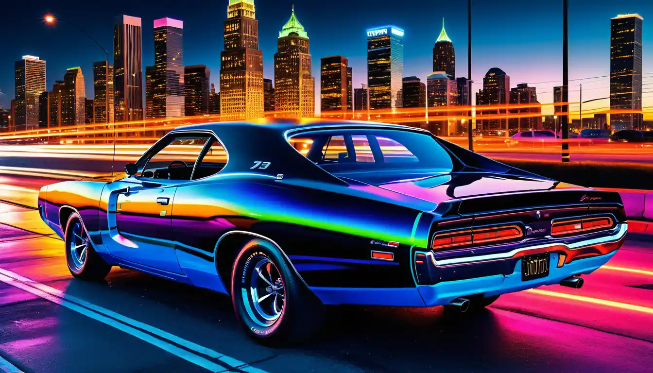 Muscle car al neon surreale parcheggiata su una strada cittadina luminosa