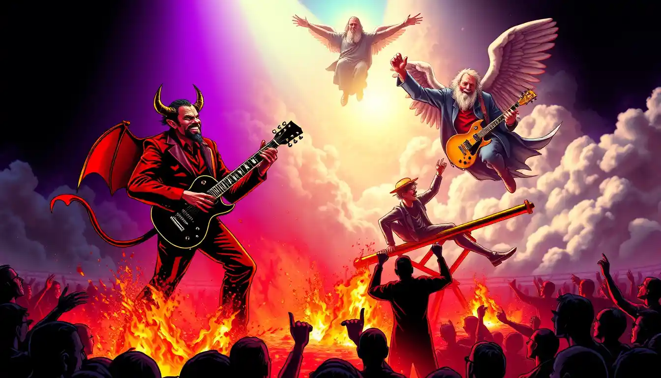 Show de rock do demônio em um palco em chamas no submundo