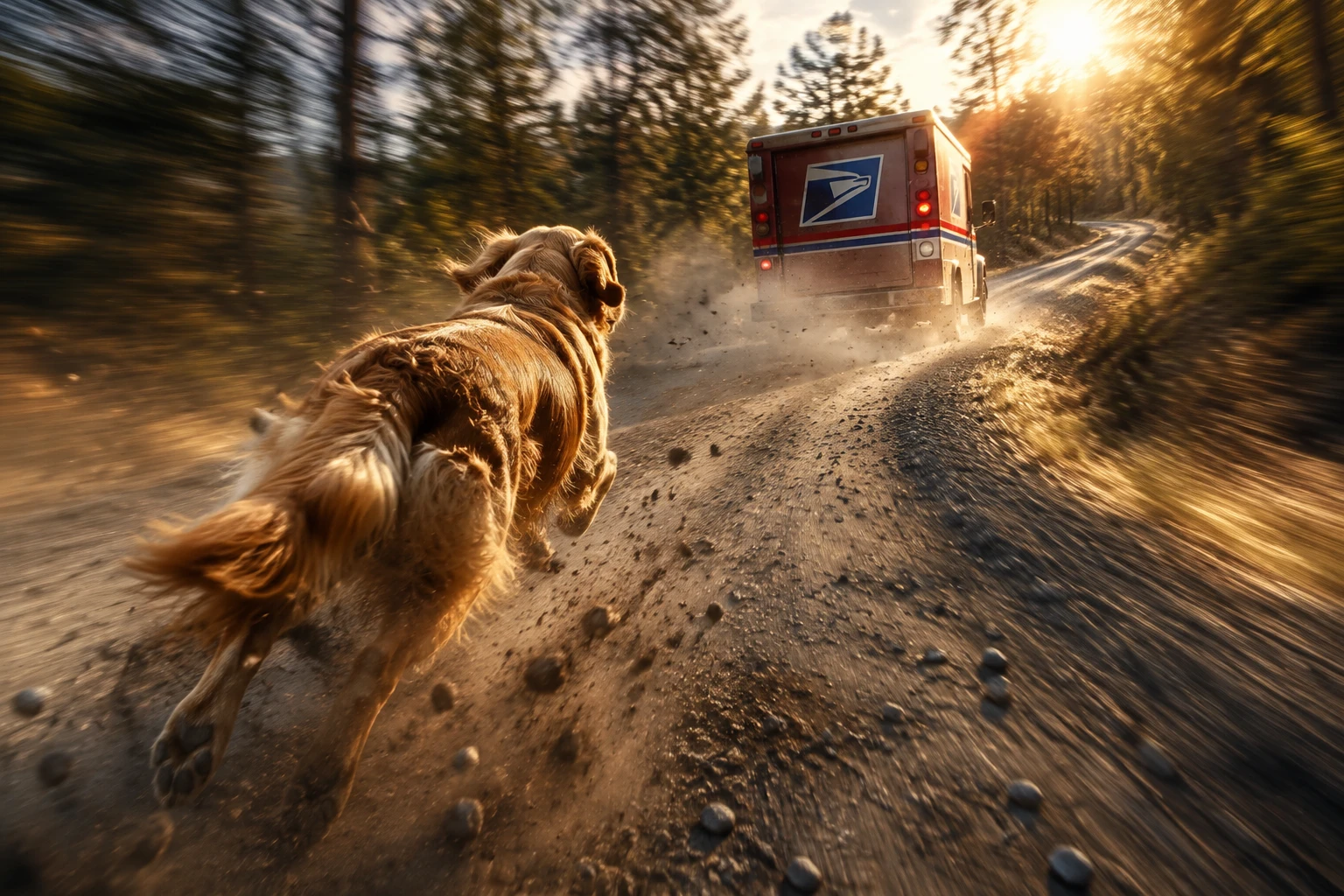 Golden retriever perseguindo caminhão de correio em estrada rural empoeirada