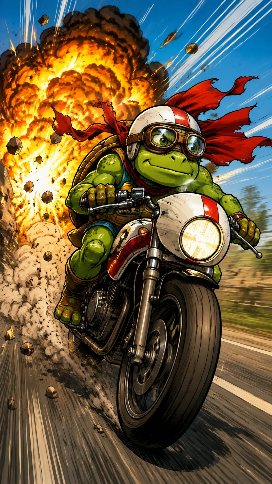 Heroic cartoon turtle racing from a huge fiery explosion