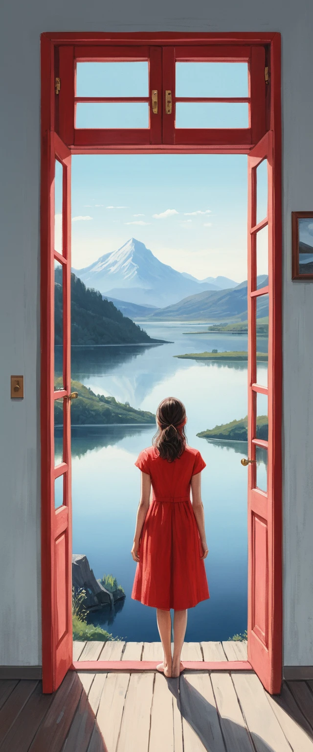 Garota de vestido vermelho em pé junto à porta para lago na montanha