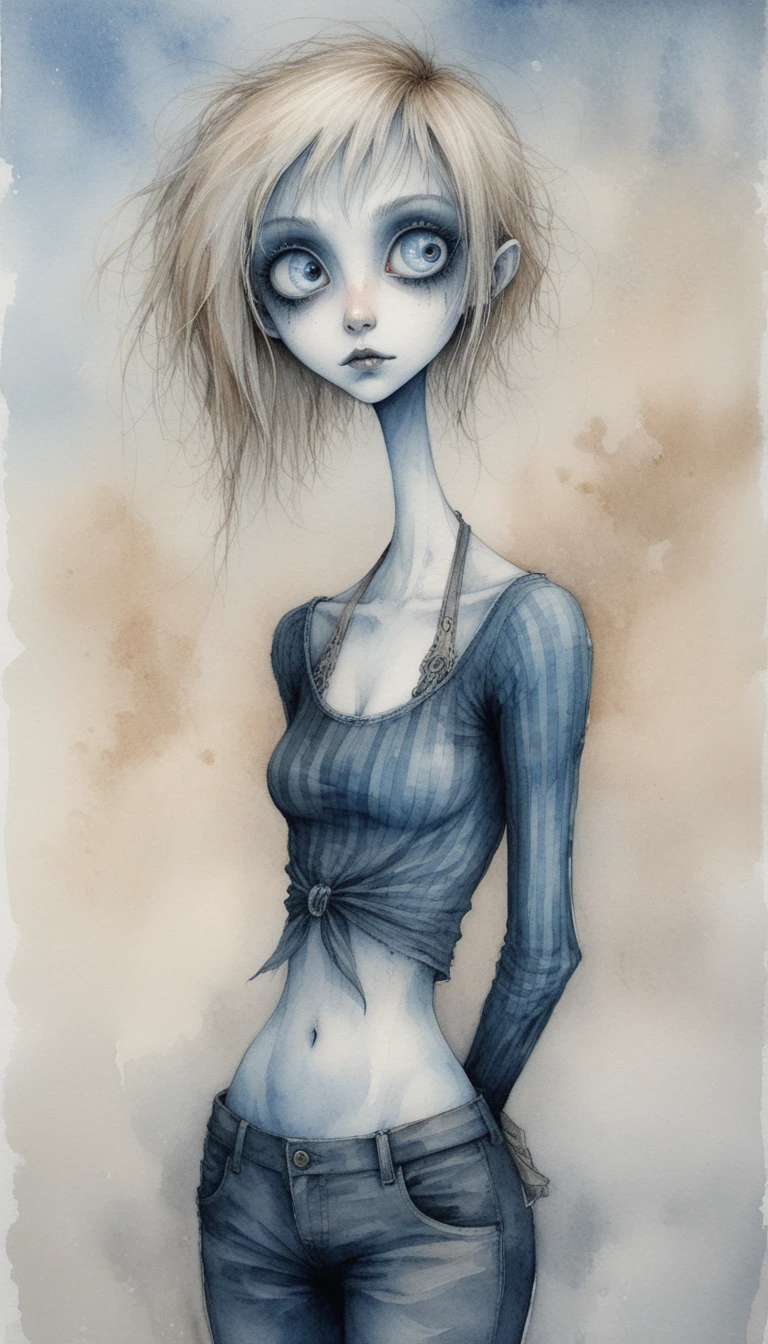 Gothic ink portrait of a wide eyed blonde girl