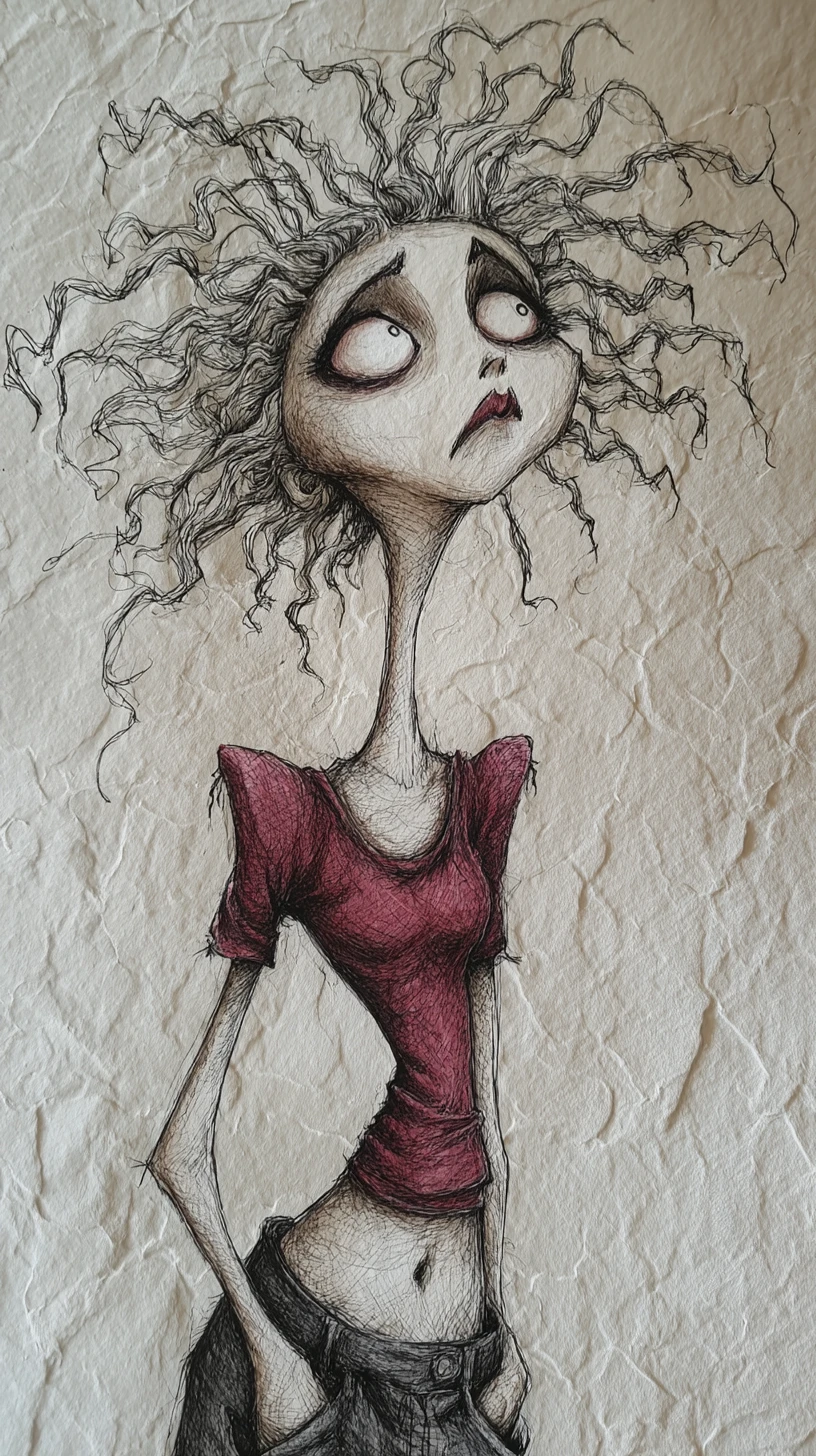 Mulher alongada em ilustração gótica a carvão e tinta